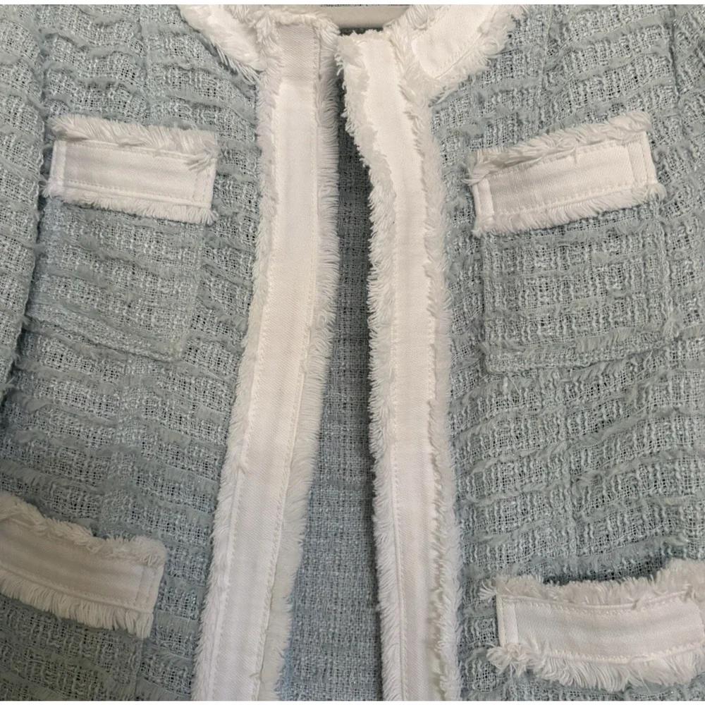 L'AGENCE Agnes Tweed Denim Jacket XS Ice Blue White $525 Quiet Luxury